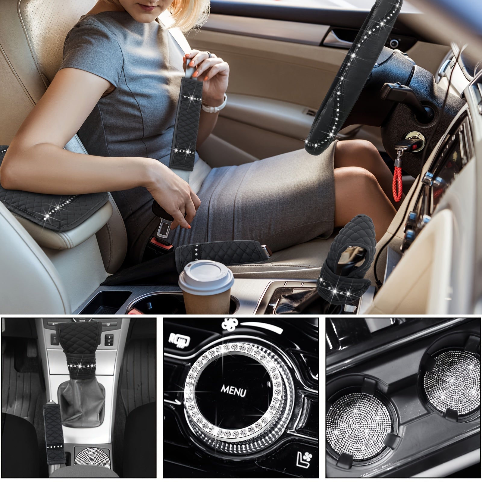 10pcs Bling Car Accessories Set For Women Rhinestones Faux Leather Accessories Steering Wheel Cover Armrest Cover Gear Shift Cover Seat Belt Cover Handbrake Cover Cup Pads Start Button Ring